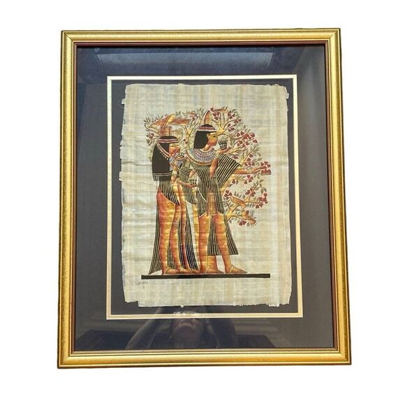 Cintage Egyptian Papyrus Painting Signed Framed Glass 26 x 22 - Picture 2 of 10
